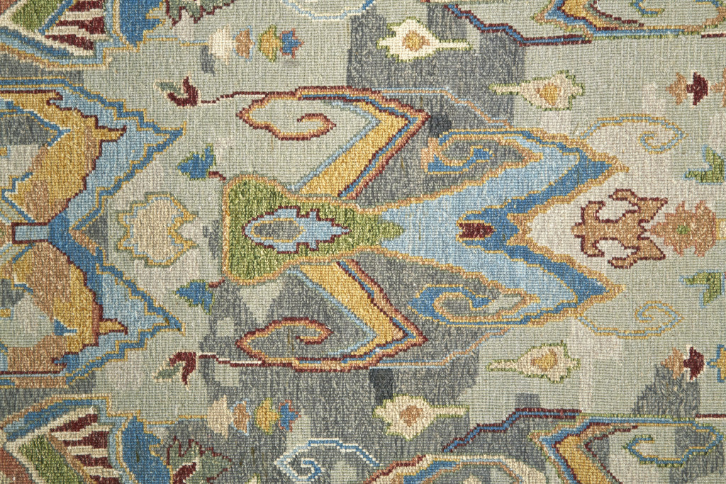 12 x 15 Blue Gray & Brown Wool Ikat Hand Knotted Rug With Fringe