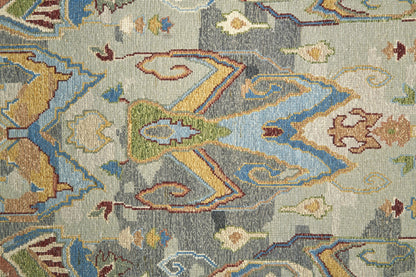 12 x 15 Blue Gray & Brown Wool Ikat Hand Knotted Rug With Fringe