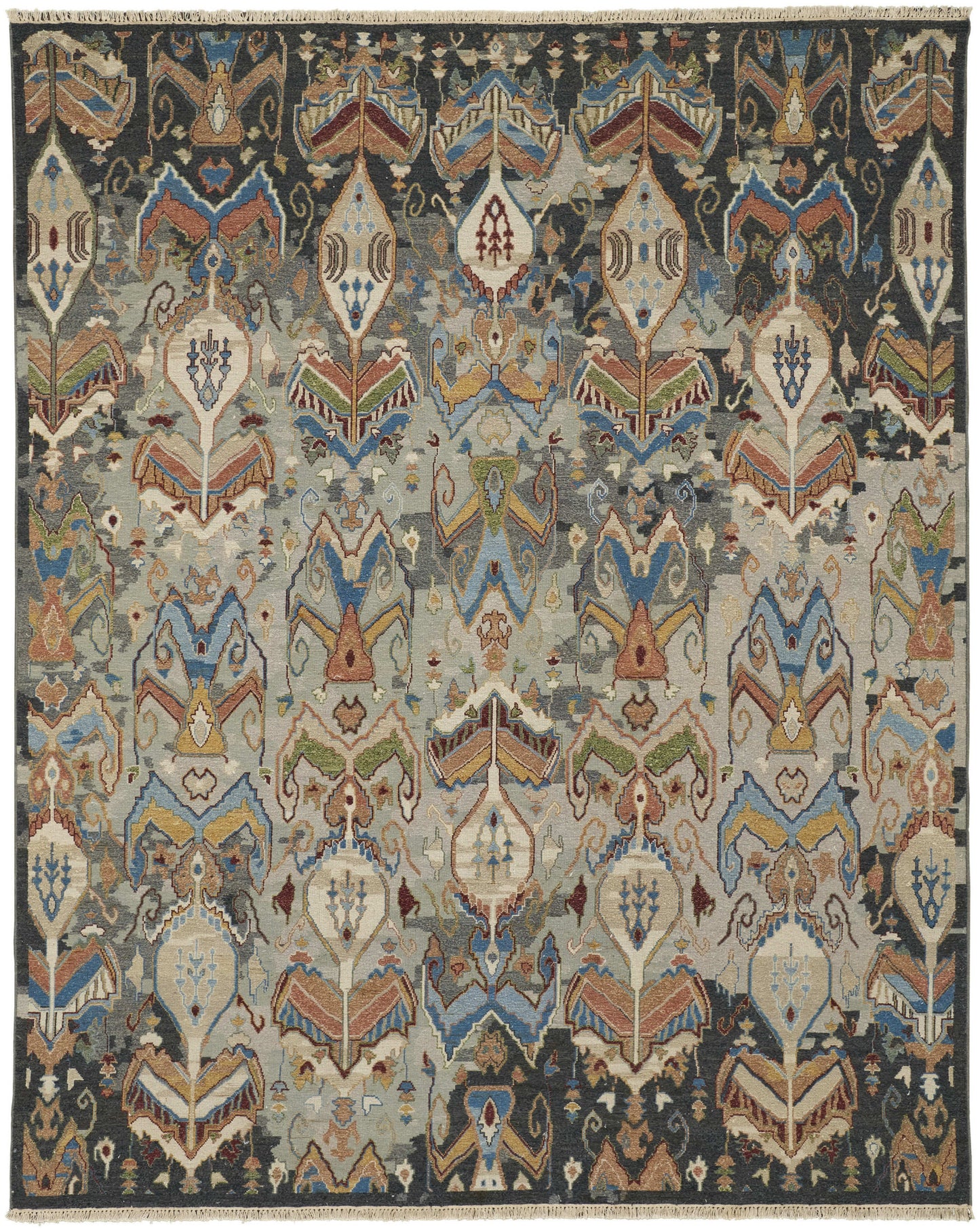 12 x 15 Blue Gray & Brown Wool Ikat Hand Knotted Rug With Fringe