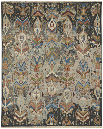 12 x 15 Blue Gray & Brown Wool Ikat Hand Knotted Rug With Fringe