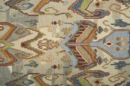4 x 6 Ivory Blue & Brown Wool Ikat Hand Knotted Rug With Fringe