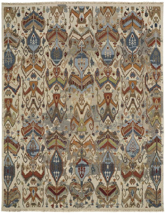 4 x 6 Ivory Blue & Brown Wool Ikat Hand Knotted Rug With Fringe