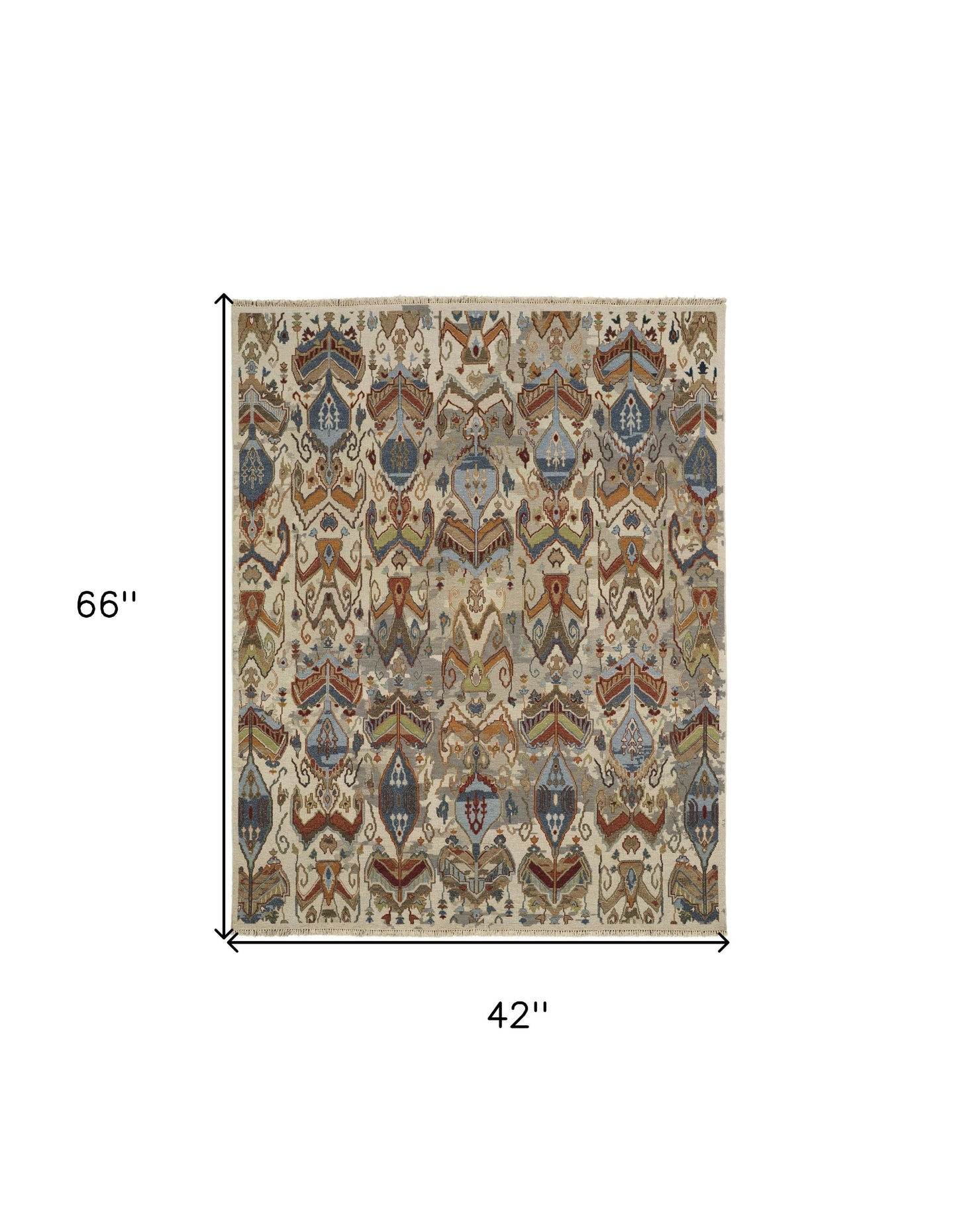 4 x 6 Ivory Blue & Brown Wool Ikat Hand Knotted Rug With Fringe