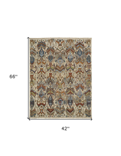 4 x 6 Ivory Blue & Brown Wool Ikat Hand Knotted Rug With Fringe