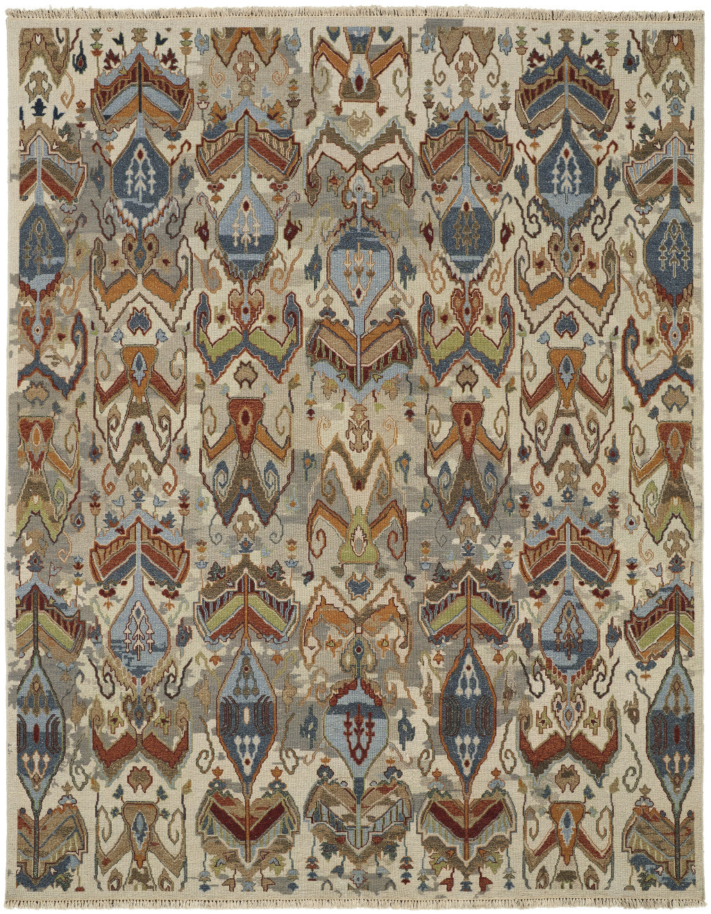 4 x 6 Ivory Blue & Brown Wool Ikat Hand Knotted Rug With Fringe