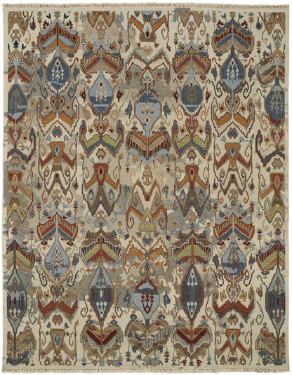 4 x 6 Ivory Blue & Brown Wool Ikat Hand Knotted Rug With Fringe