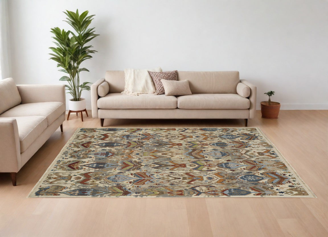 8 x 10 Ivory Blue & Brown Wool Ikat Hand Knotted Rug With Fringe