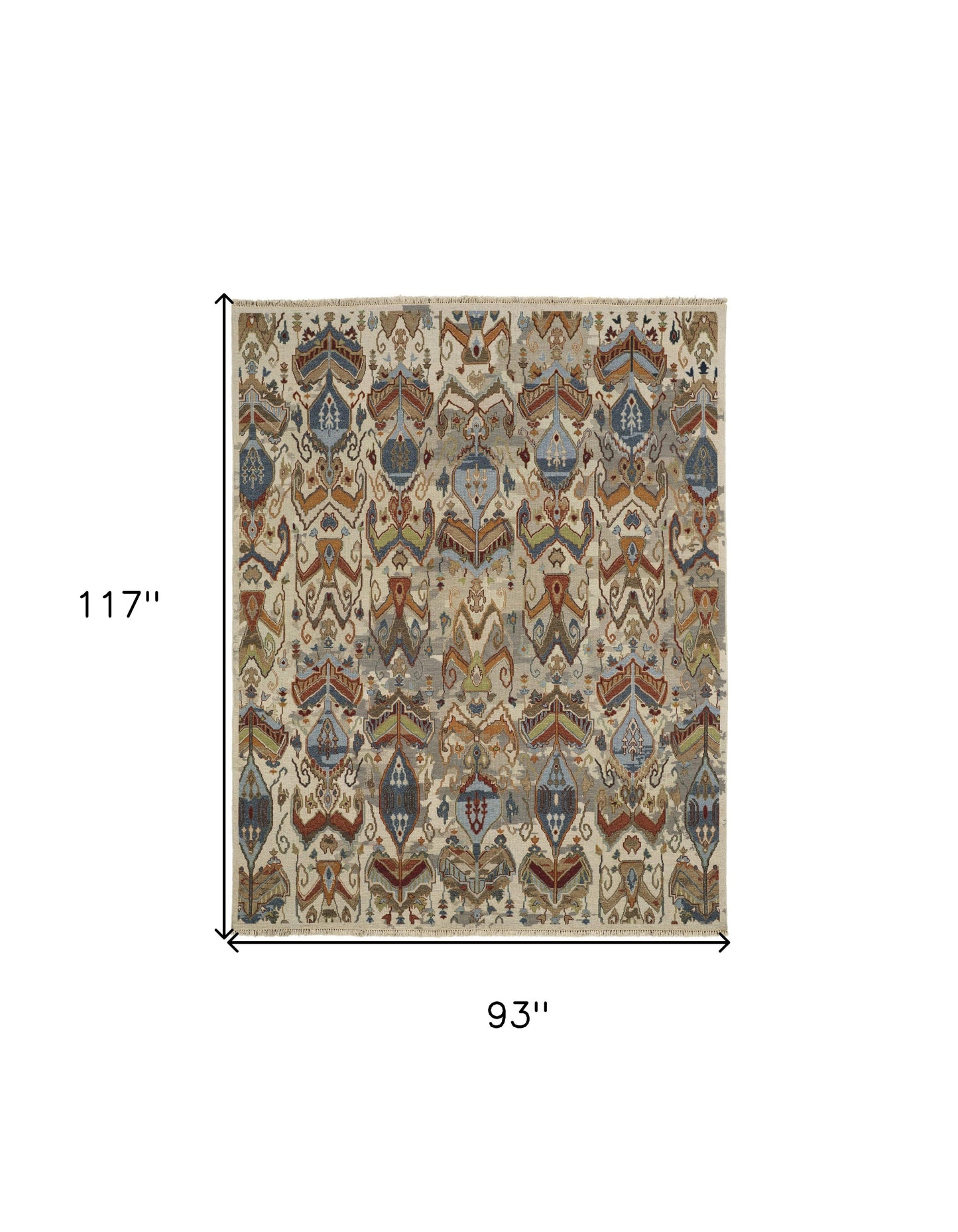 8 x 10 Ivory Blue & Brown Wool Ikat Hand Knotted Rug With Fringe