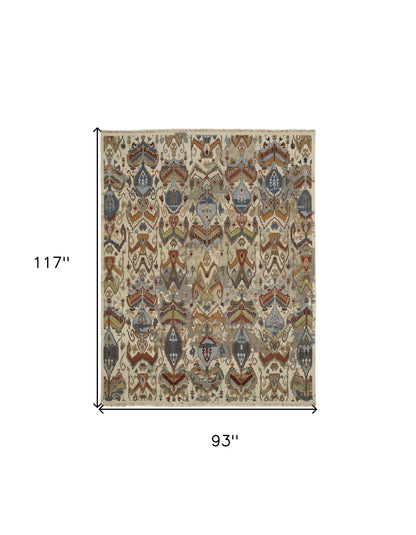 8 x 10 Ivory Blue & Brown Wool Ikat Hand Knotted Rug With Fringe