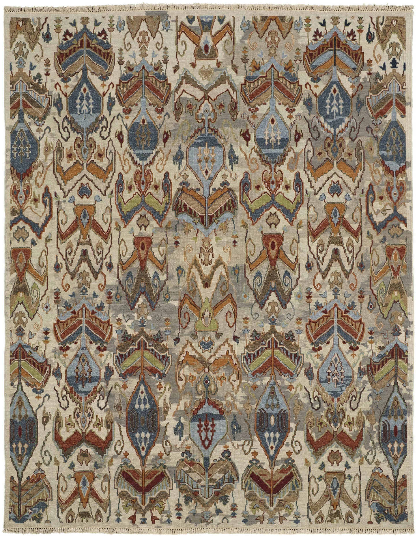 12 x 15 Ivory Blue & Brown Wool Ikat Hand Knotted Rug With Fringe