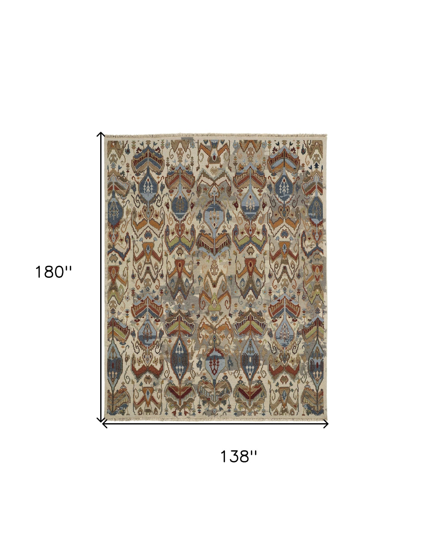 12 x 15 Ivory Blue & Brown Wool Ikat Hand Knotted Rug With Fringe