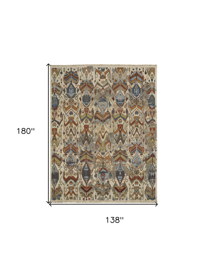 12 x 15 Ivory Blue & Brown Wool Ikat Hand Knotted Rug With Fringe