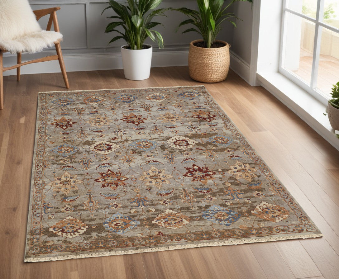 4 x 6 Tan Brown & Gray Wool Floral Hand Knotted Rug With Fringe