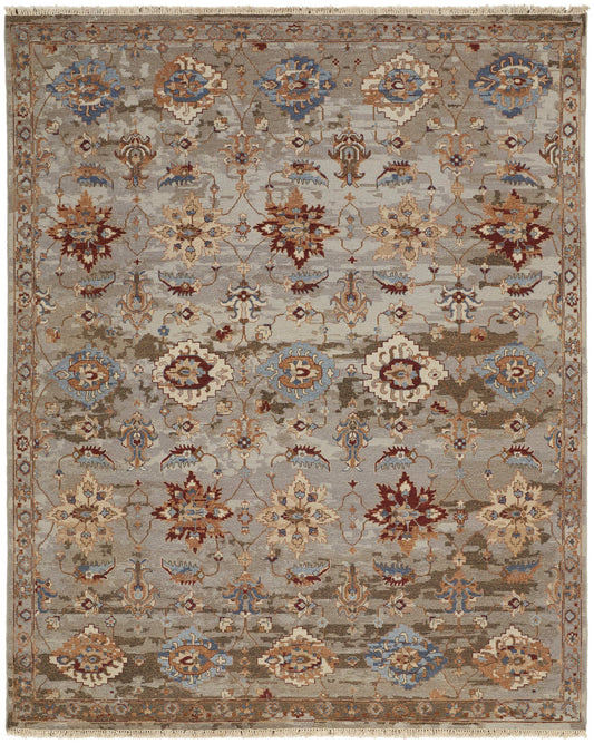 4 x 6 Tan Brown & Gray Wool Floral Hand Knotted Rug With Fringe