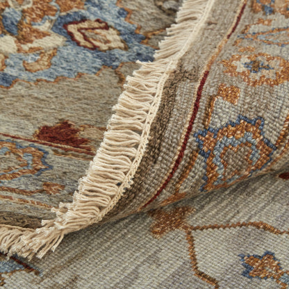 8 x 10 Tan Brown & Gray Wool Floral Hand Knotted Rug With Fringe
