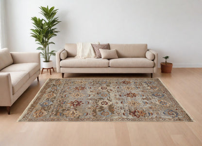 8 x 10 Tan Brown & Gray Wool Floral Hand Knotted Rug With Fringe