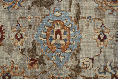 8 x 10 Tan Brown & Gray Wool Floral Hand Knotted Rug With Fringe