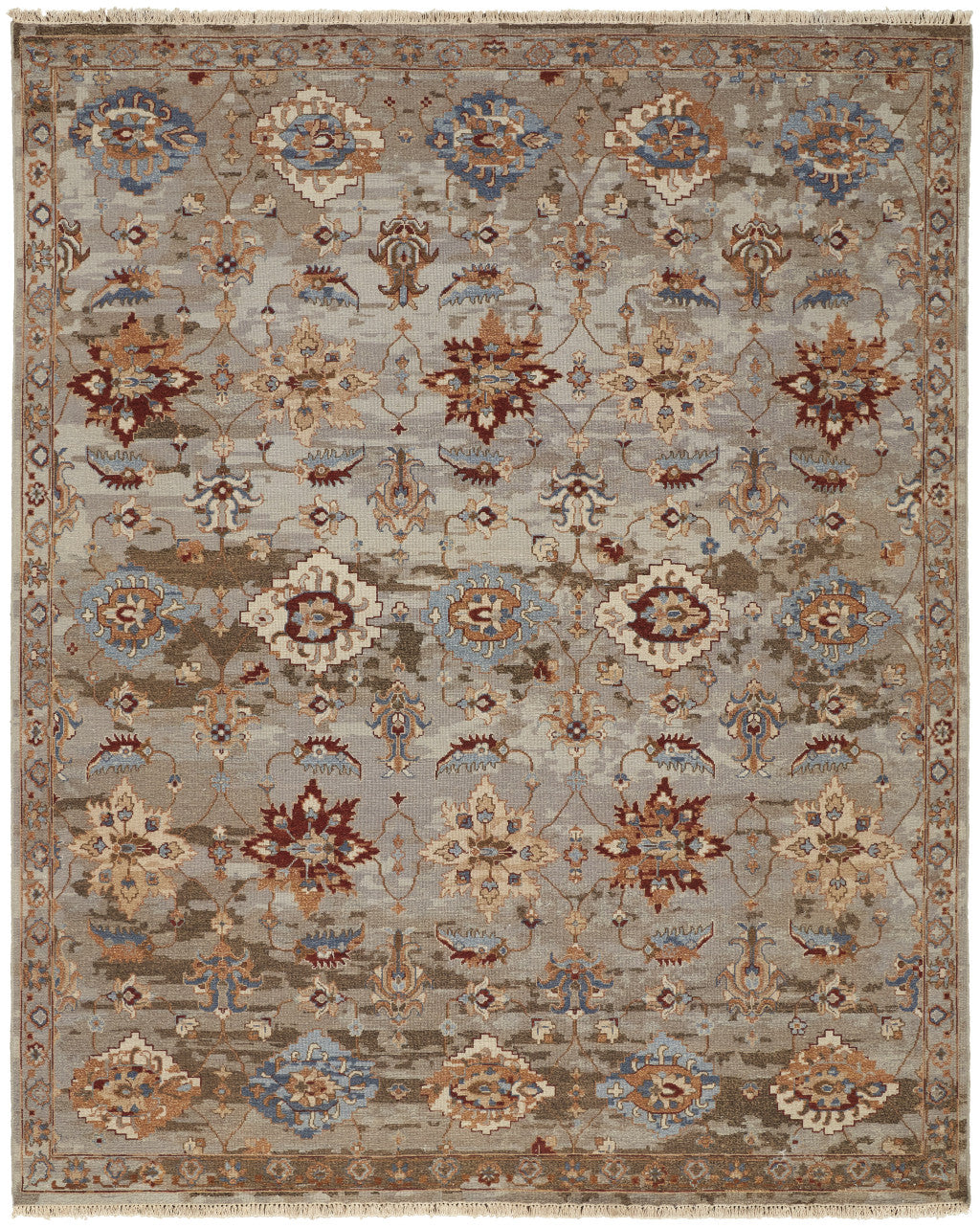 12 x 15 Tan Brown & Gray Wool Floral Hand Knotted Rug With Fringe