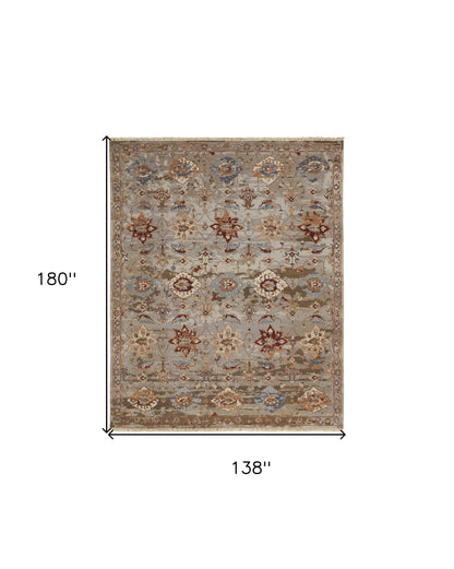 12 x 15 Tan Brown & Gray Wool Floral Hand Knotted Rug With Fringe