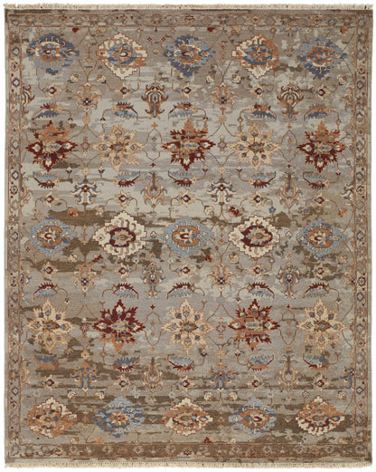 12 x 15 Tan Brown & Gray Wool Floral Hand Knotted Rug With Fringe