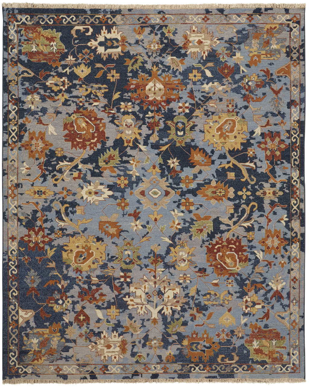 4 x 6 Blue Gray & Red Wool Floral Hand Knotted Rug With Fringe