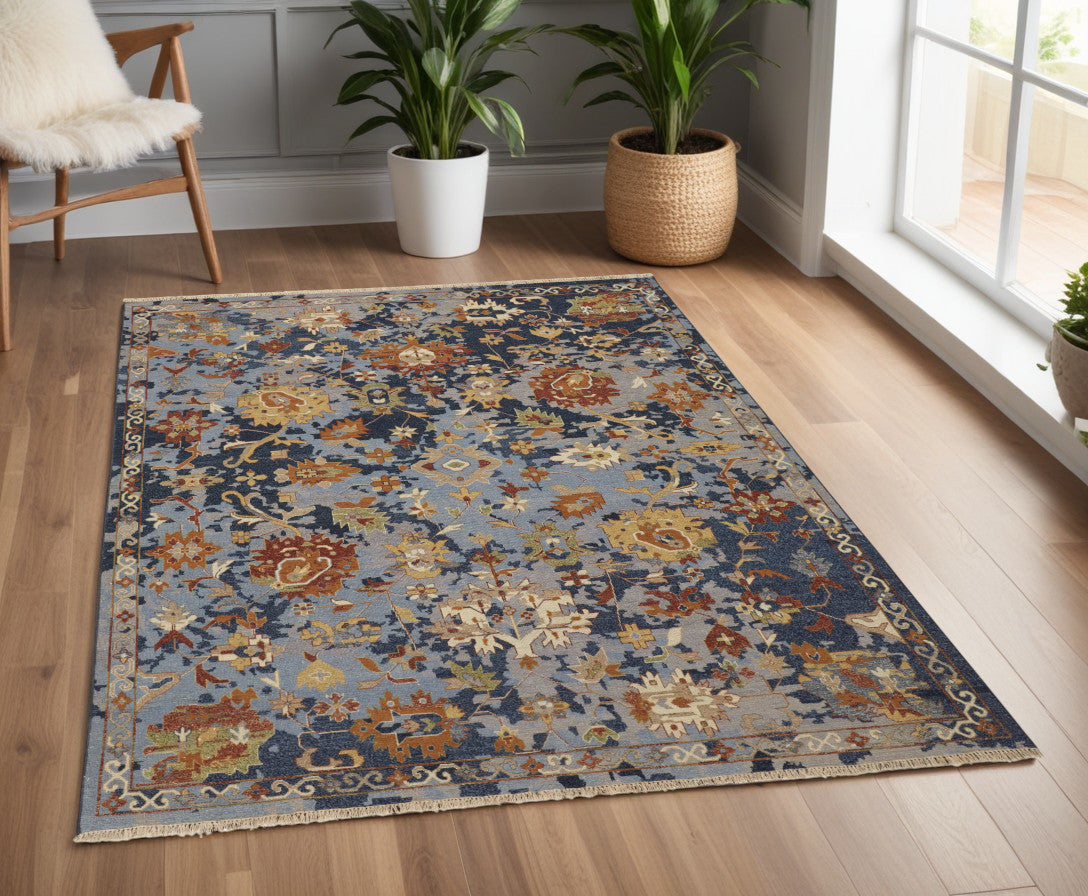4 x 6 Blue Gray & Red Wool Floral Hand Knotted Rug With Fringe