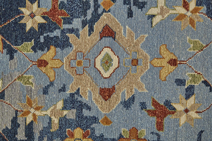 4 x 6 Blue Gray & Red Wool Floral Hand Knotted Rug With Fringe