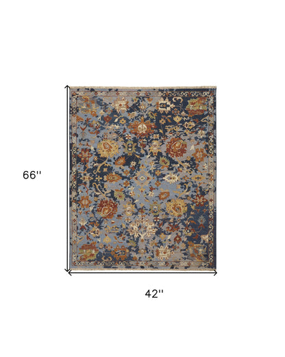 4 x 6 Blue Gray & Red Wool Floral Hand Knotted Rug With Fringe