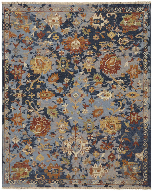 4 x 6 Blue Gray & Red Wool Floral Hand Knotted Rug With Fringe