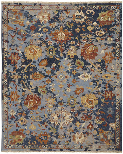 4 x 6 Blue Gray & Red Wool Floral Hand Knotted Rug With Fringe