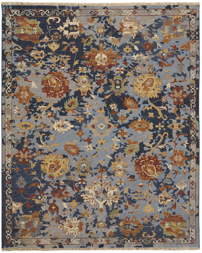 4 x 6 Blue Gray & Red Wool Floral Hand Knotted Rug With Fringe