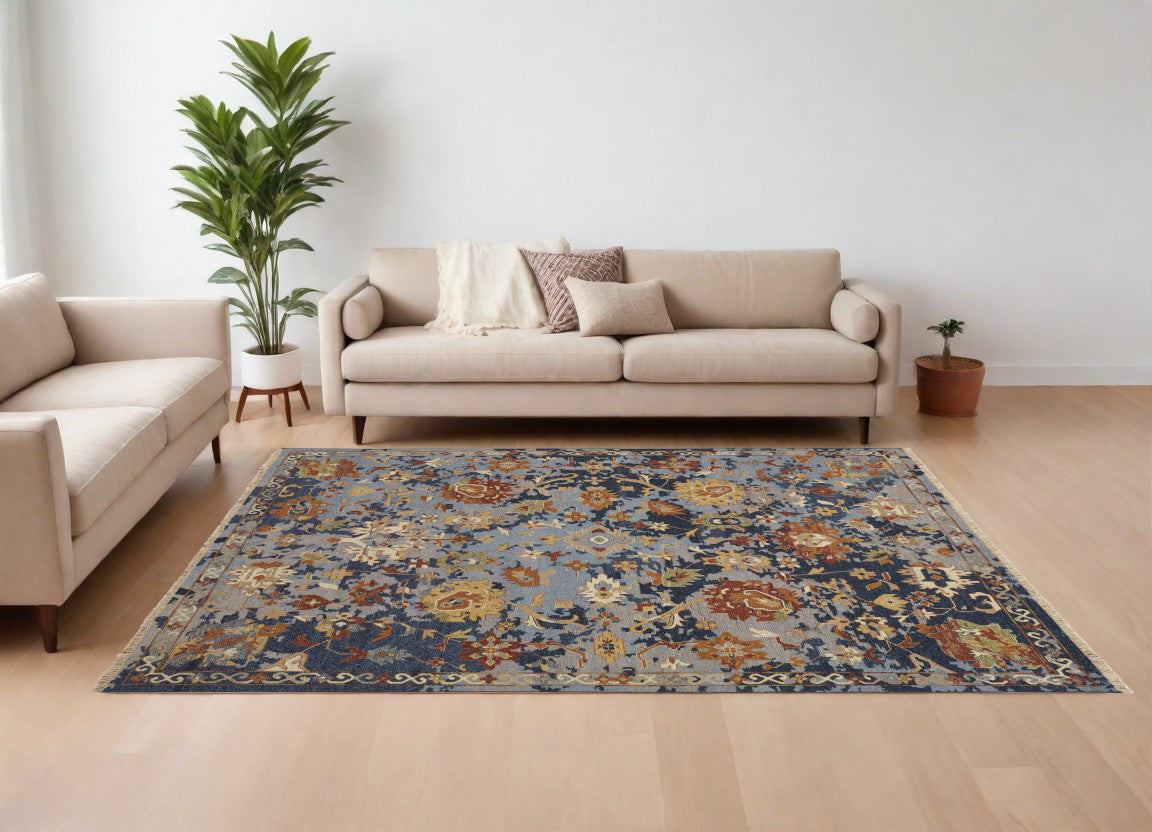8 x 10 Blue Gray & Red Wool Floral Hand Knotted Rug With Fringe