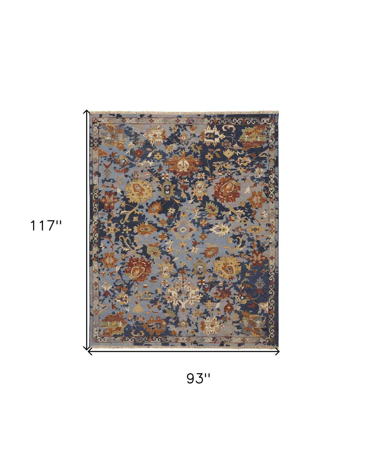 8 x 10 Blue Gray & Red Wool Floral Hand Knotted Rug With Fringe