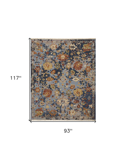 8 x 10 Blue Gray & Red Wool Floral Hand Knotted Rug With Fringe