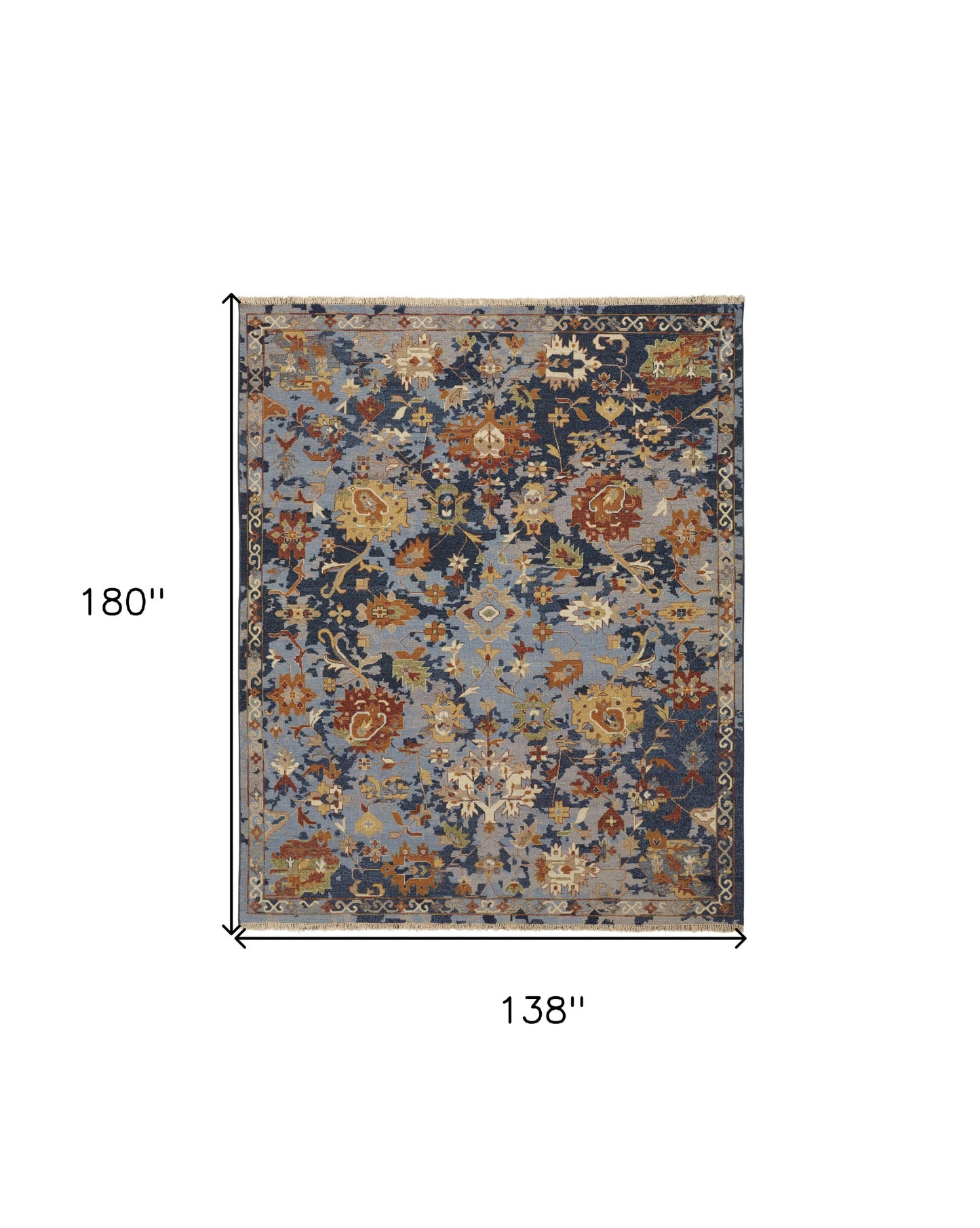 12 x 15 Blue Gray & Red Wool Floral Hand Knotted Rug With Fringe