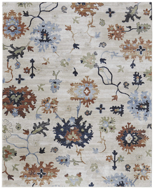 8 x 10 Ivory Red & Blue Floral Power Loom Rug