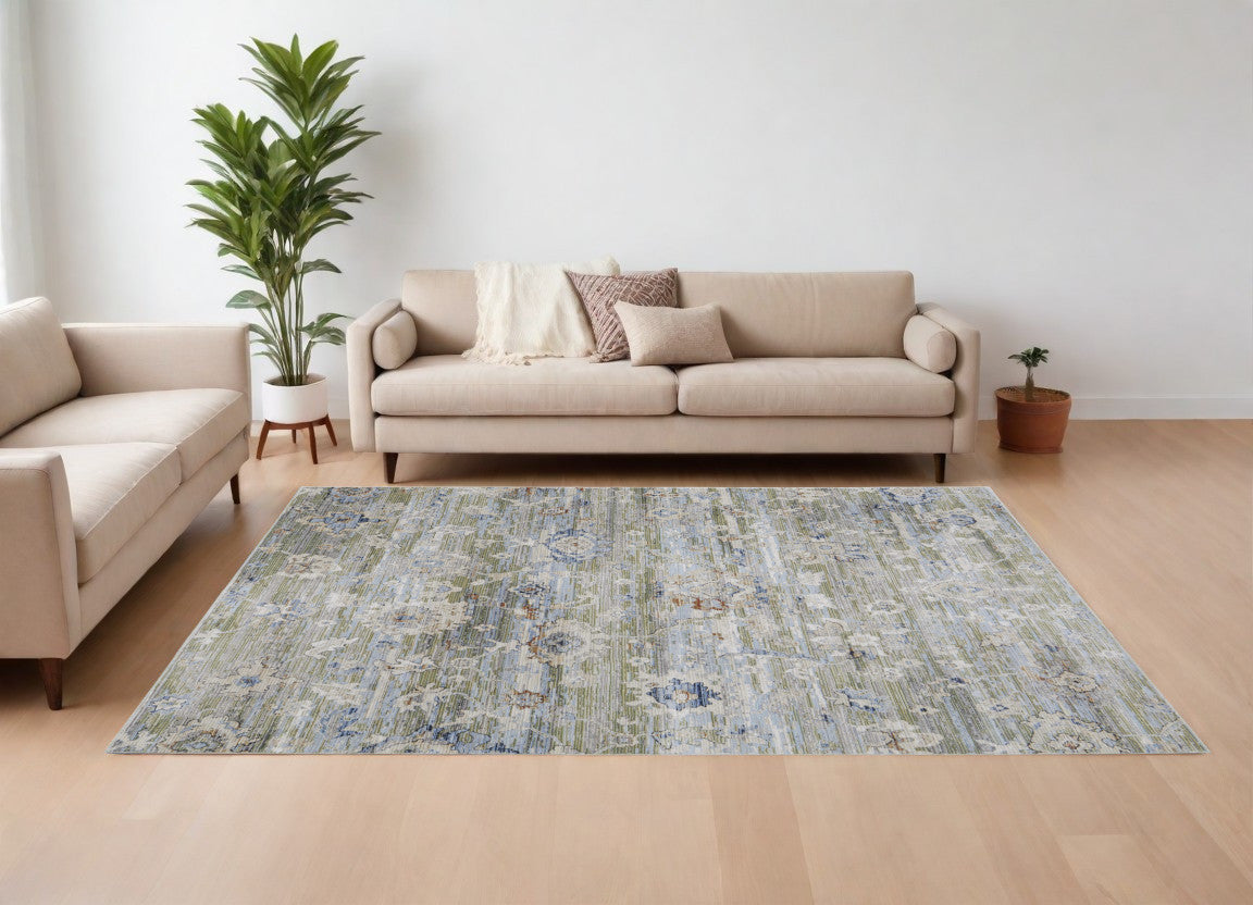 8 x 10 Ivory Green & Blue Floral Power Loom Rug