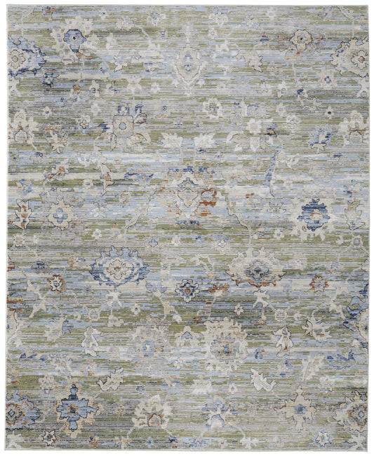 8 x 10 Ivory Green & Blue Floral Power Loom Rug