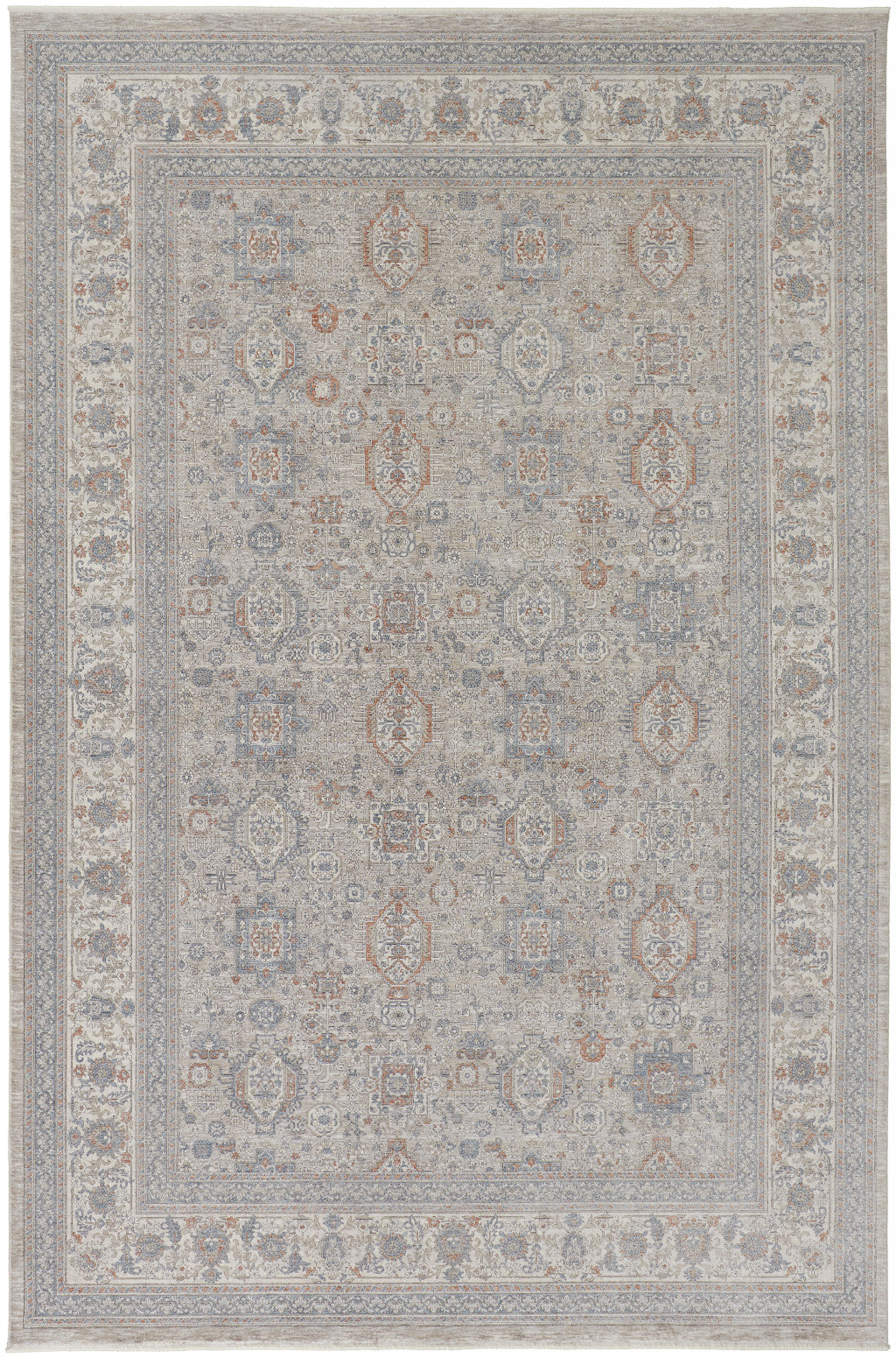 5 x 7 Silver Taupe & Blue Oriental Power Loom Rug With Fringe