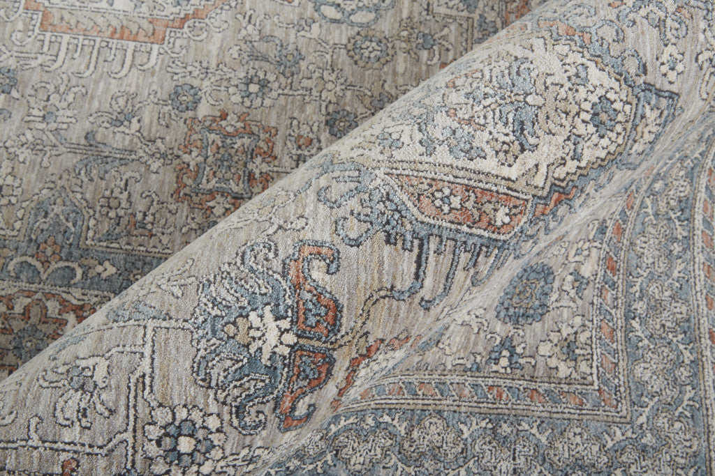 5 x 7 Silver Taupe & Blue Oriental Power Loom Rug With Fringe
