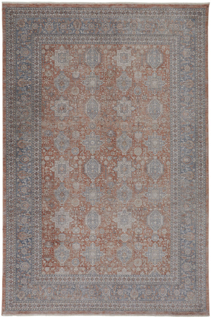5 x 7 Silver Taupe & Blue Oriental Power Loom Rug With Fringe