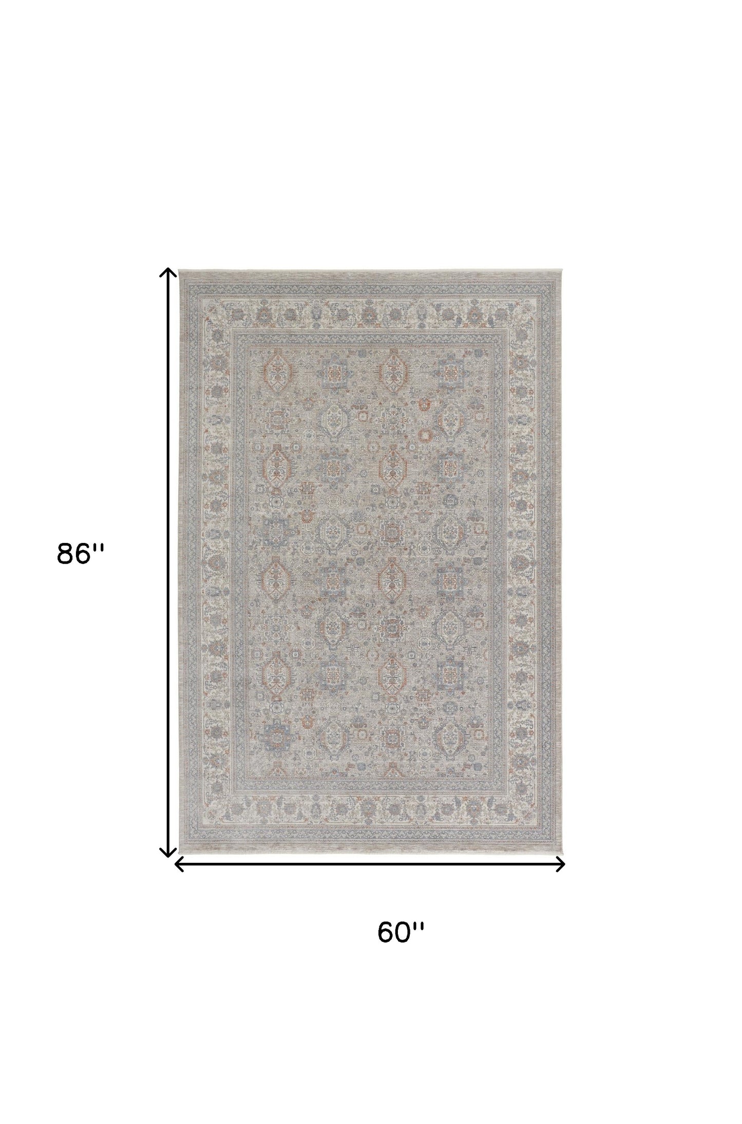 5 x 7 Silver Taupe & Blue Oriental Power Loom Rug With Fringe