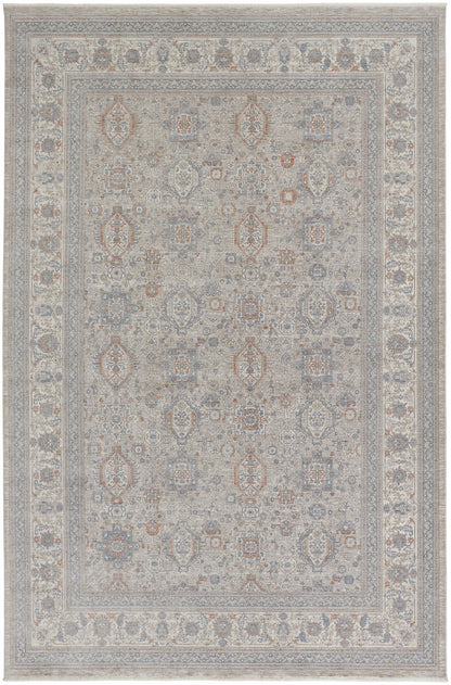 5 x 7 Silver Taupe & Blue Oriental Power Loom Rug With Fringe