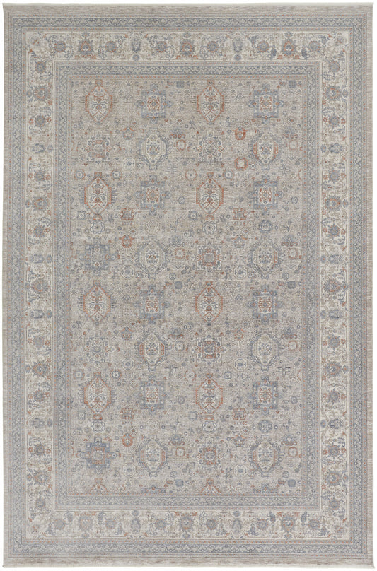 5 x 7 Silver Taupe & Blue Oriental Power Loom Rug With Fringe