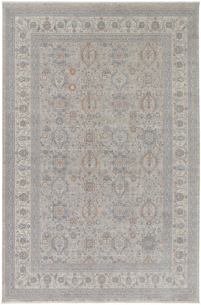 8 x 10 Silver Taupe & Blue Oriental Power Loom Rug With Fringe