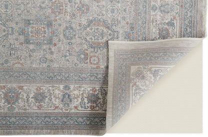 8 x 10 Silver Taupe & Blue Oriental Power Loom Rug With Fringe