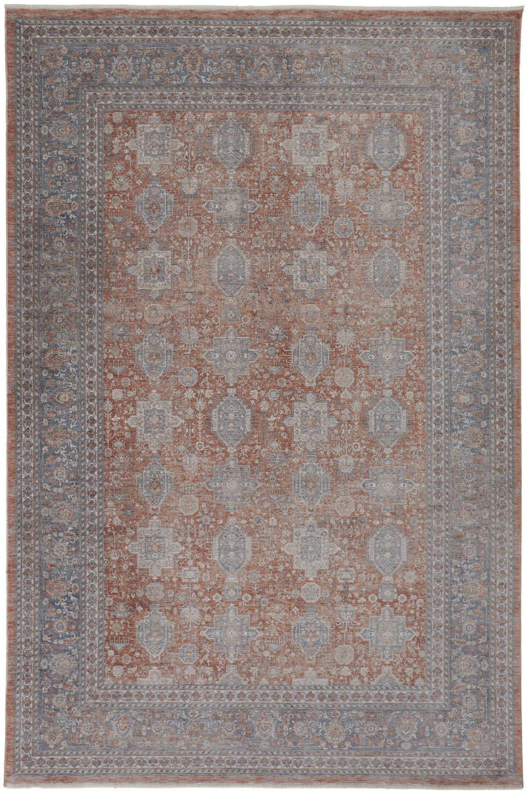 12 x 15 Silver Taupe & Blue Oriental Power Loom Rug With Fringe
