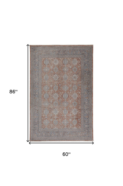 5 x 7 Blue & Red Oriental Power Loom Rug With Fringe