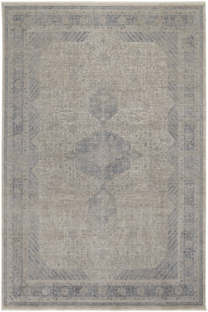 5 x 7 Gray Blue & Taupe Oriental Power Loom Rug With Fringe
