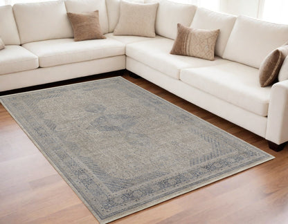 5 x 7 Gray Blue & Taupe Oriental Power Loom Rug With Fringe